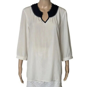 Chico's Women Tunic Top Off White Black Frayed Collar size 1